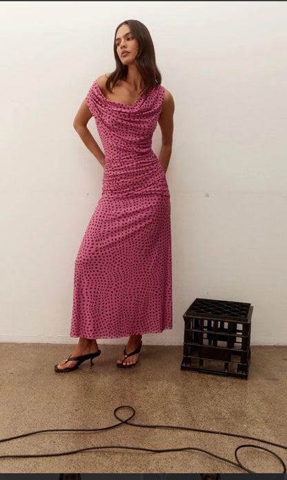 Zuri mauve  Spot Cowl Neck Sleeveless Maxi Dress