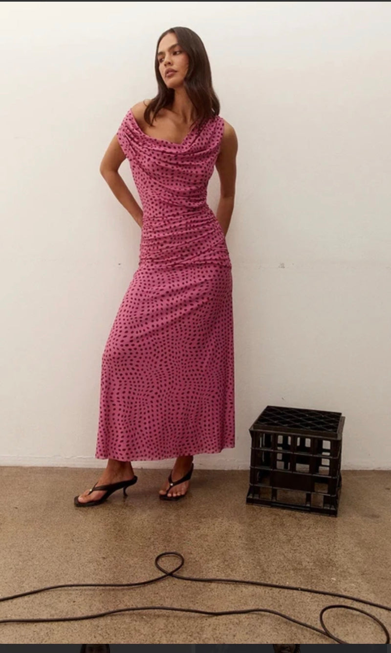 Zuri mauve  Spot Cowl Neck Sleeveless Maxi Dress