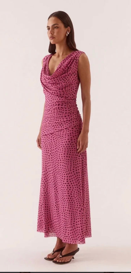 Zuri mauve  Spot Cowl Neck Sleeveless Maxi Dress