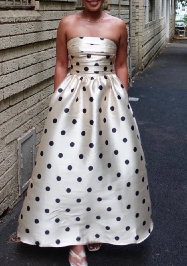 Dottie strapless midi polka dot dress