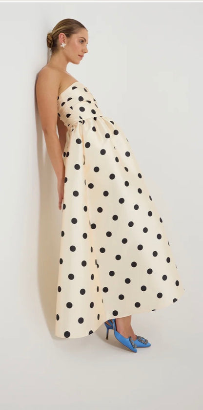 Dottie strapless midi polka dot dress