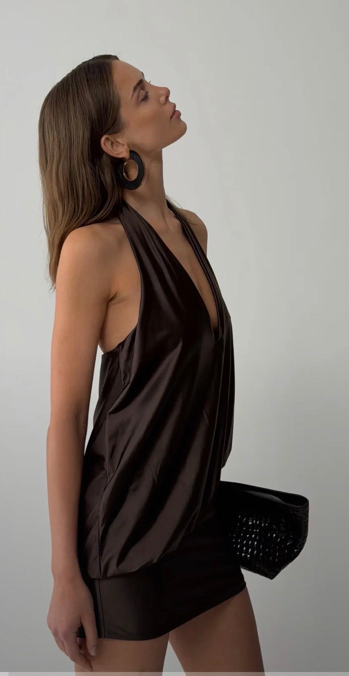 Arabel draped halter mini dress